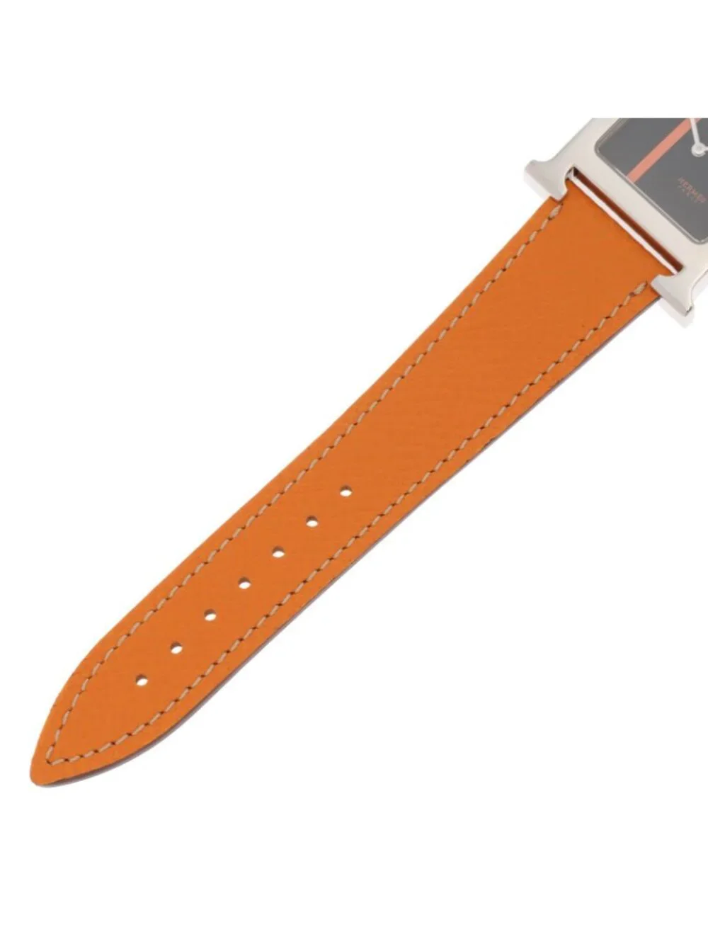 Hermes H Watch SS Stainless Steel Leather Strap Black Orange Line Dial Quartz